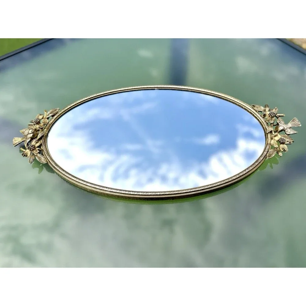 Vintage Matson Vanity Mirror Tray Birds Dogwood Gold Plated Hollywood Regency